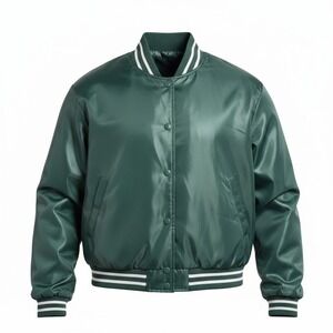Birch and Stone Quilted Satin Varsity Bomber Jacket in Forest Green